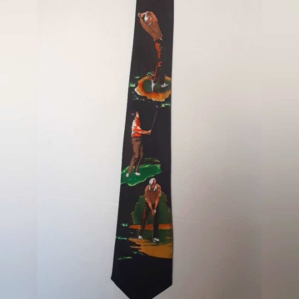 Vintage Hand Painted Golf Themed Black Tie